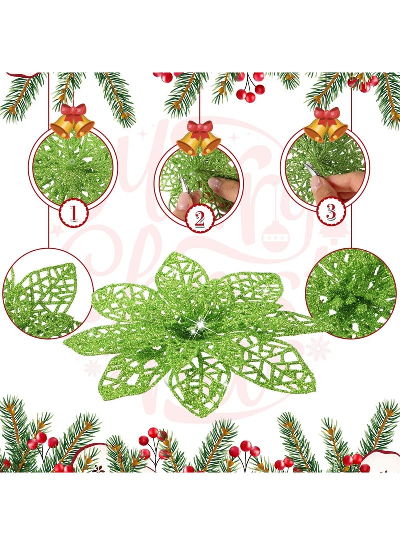 SYOSI 24 Pieces Christmas Poinsettia Flowers Artificial Ornaments Glitter Christmas Decorations Tree Wedding New Year(Mustard Green) - Image 5